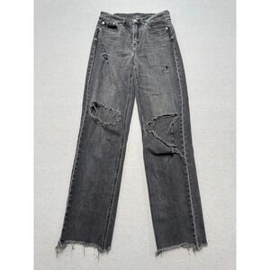 American Eagle Jeans Women's 00 Black Faded Straight Leg High Rise Distressed